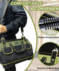 Person carrying Heavy Duty 20 Inch Tool Bag With Waterproof Molded Base For Builders And DIYers, close-ups of handle and buckle