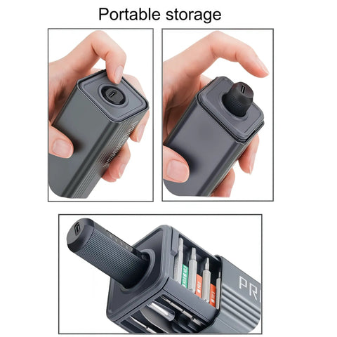 Compact Pen Shaped Cordless Electric Screwdriver Kit Packing 52 Magnetic Bits And Bright Led Lamp, with portable storage.