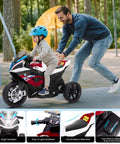 Child riding BMW Licensed 12V Kids Electric Ride On Motorcycle For Ages 3 To 5, Three Wheel Bike with adult support, Charm Red.