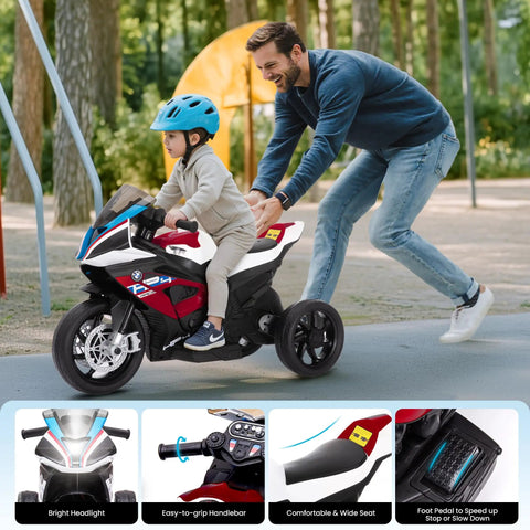 Child riding BMW Licensed 12V Kids Electric Ride On Motorcycle For Ages 3 To 5, Three Wheel Bike with adult support, Charm Red.