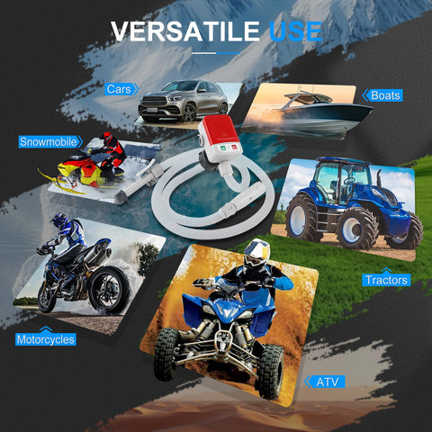 Battery Powered Fuel Transfer Pump With Auto Stop Sensor 3.2 GPM 51 Inch Hose Four Tank Adapters shown with various vehicles
