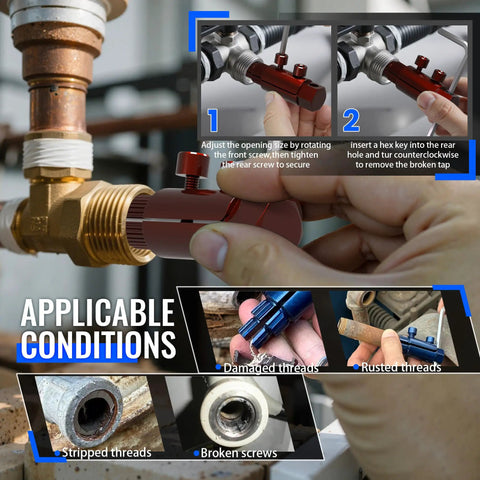 Broken Threaded Pipe Extractor Tool For Half Inch Three Quarter Inch And One Inch Pipes That Removes Rusted Faucet Bolts And Damaged Pipe Threads So You Can Finish Repairs Fast No Fuss shown in use on a pipe