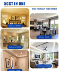 Image showcasing 5CCT adjustable lighting in different rooms: Bedroom 2700K, Kitchen 4000K, Bathroom 3000K, Corridor 3500K, Living Room 5000K.
