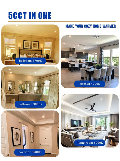 Image showcasing 5CCT adjustable lighting in different rooms: Bedroom 2700K, Kitchen 4000K, Bathroom 3000K, Corridor 3500K, Living Room 5000K.