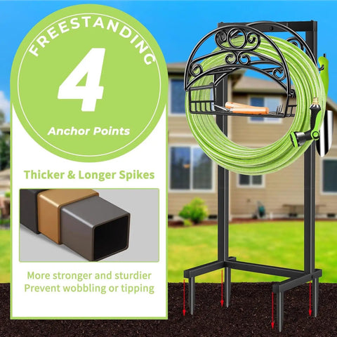 Heavy Duty Garden Hose Holder With Freestanding Steel Frame, Ultra Sturdy Hose Storage Organizer For Outdoor Yard, Holds Up To 160 Feet Of Hose, 4 Spikes, Weatherproof And No Fuss Easy Access displayed outside