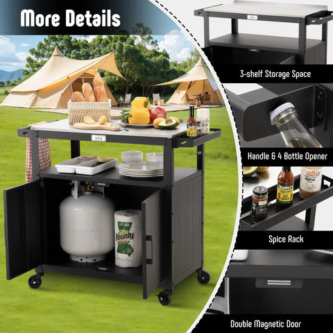 Outdoor Grill Cart With Stainless Steel Tabletop And Storage Cabinet Movable Kitchen Island On Wheels For BBQ Prep