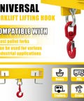 Universal Forklift Lifting Hook With Swivel Head And Two L Screws Built Like A Tank To Handle 4800 Pounds Of Heavy Gear Yellow Powder Coated Steel for various applications.