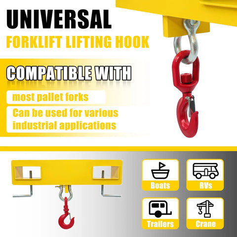 Universal Forklift Lifting Hook With Swivel Head And Two L Screws Built Like A Tank To Handle 4800 Pounds Of Heavy Gear Yellow Powder Coated Steel for various applications.