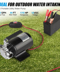 12V Portable Water Transfer Pump 330 GPH High Flow With On Off Switch One Tenth HP Electric Utility Pump on grass with battery