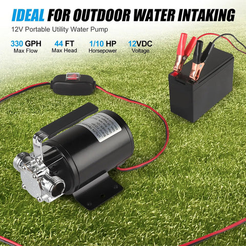 12V Portable Water Transfer Pump 330 GPH High Flow With On Off Switch One Tenth HP Electric Utility Pump on grass with battery