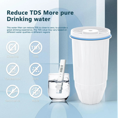Image of a water filter next to a glass with TDS meter illustrating filtration benefits like reducing TDS, chlorine, and rust.