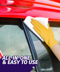 Auto Wipes For Cars And Screens Quick Streak Free Shine Ammonia Free Cleaner Wipes cleaning car window with gloved hand