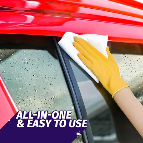 Auto Wipes For Cars And Screens Quick Streak Free Shine Ammonia Free Cleaner Wipes cleaning car window with gloved hand