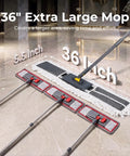Heavy Duty 36 Inch Commercial Flat Mop With Extra Long Aluminum Pole For Garages And Shops, features a large mop head and adjustable pole.