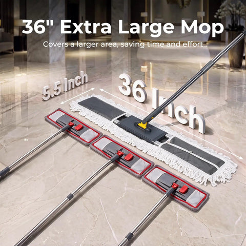 Heavy Duty 36 Inch Commercial Flat Mop With Extra Long Aluminum Pole For Garages And Shops, features a large mop head and adjustable pole.