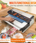 Beast Mode Dual Pump Vacuum Sealer With Dual Sealing Strips And 95KPa 350W Power, showing control panel and sealing process.