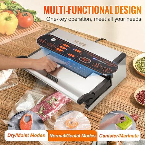 Beast Mode Dual Pump Vacuum Sealer With Dual Sealing Strips And 95KPa 350W Power, showing control panel and sealing process.