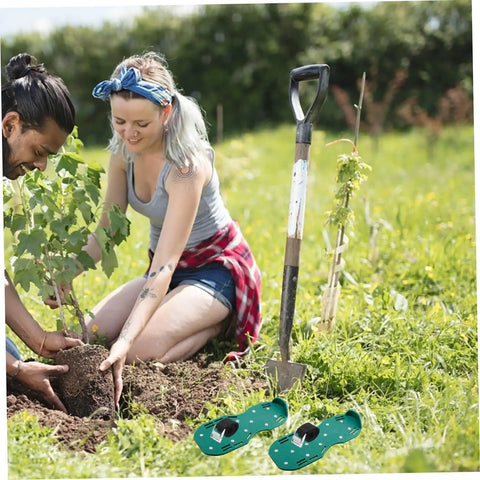 Gardeners using shovel with Adjustable Lawn Aerator Shoes With Durable Metal Spikes Easy Assembly 8 Pcs Garden Care Gear nearby
