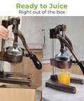 Heavy Duty Cast Iron Citrus Juicer Press squeezes every last drop of fresh juice with detachable strainers for easy cleaning.
