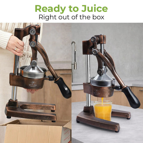 Heavy Duty Cast Iron Citrus Juicer Press squeezes every last drop of fresh juice with detachable strainers for easy cleaning.