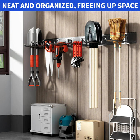 Installed Heavy Duty 48 Inch Wall Mount Garden Tool Organizer With Six Adjustable Hooks Easy Install Steel Black Storage System