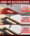 Heavy Duty Aluminum Alloy Door Hinge Jig And Deep Hole Pencil Set, Adjustable Router Jig in use on wooden door jamb for mortises