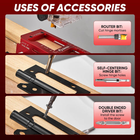 Heavy Duty Aluminum Alloy Door Hinge Jig And Deep Hole Pencil Set, Adjustable Router Jig in use on wooden door jamb for mortises