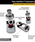Auto Flex Universal Joint Socket Set Three Piece With 1/4 3/8 1/2 Inch Drives Chrome Vanadium Steel Rust Resistant Mirror Finish Knurl Grip Detent Ball For Secure Socket Retention Built Tough For Quick Work