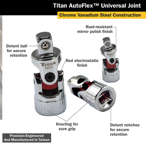 Auto Flex Universal Joint Socket Set Three Piece With 1/4 3/8 1/2 Inch Drives Chrome Vanadium Steel Rust Resistant Mirror Finish Knurl Grip Detent Ball For Secure Socket Retention Built Tough For Quick Work