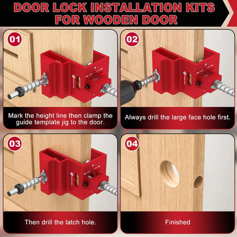 Professional Grade Door Lock Installation Kit And Latch Mortise Tool Paired With Rock Solid Hinge Jig in use on wooden door.
