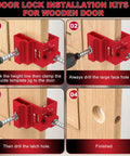 Step-by-step guide showing Heavy Duty 6061 Aluminum Door Lock Installation Kit With Router Compatible Door Latch Mortise Tool Jig Set.
