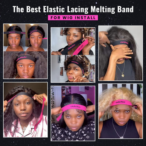 Collage of women using Lace Melting Spray For Glueless Wig Installs Stays Put Bonding Adhesive Wig Glue Spray with elastic band