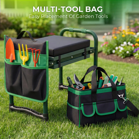 Foldable Garden Kneeler Seat Bench With Cross Body Tool Bag And Removable Pouch Heavy Duty Stool With Soft Kneeling Pad
