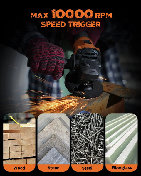 21V Cordless Grinder Kit Featuring 4 Inch Blade 10000 RPM Brushless Motor 4Ah Lithium Battery And Quick Charger Dual Position Handle For Cutting And Grinding Wheels Pro Grade in use on metal, sparks flying.