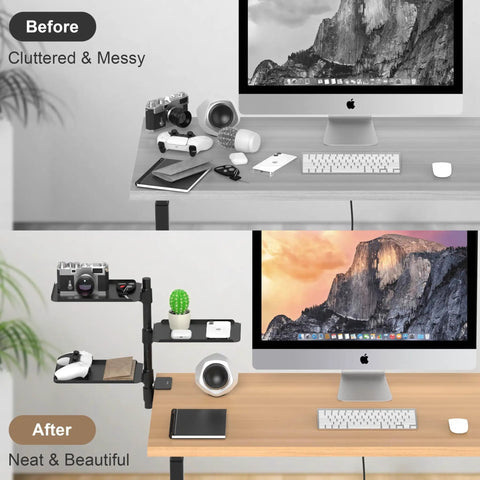 Comparison of desk with and without Three Tier Metal Clamp On Desk Shelf With 360 Degree Rotatable Mount for organized setup.