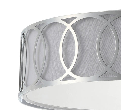 Close-up of Dope Chrome Modern Metal LED Flush Mount Ceiling Light with white linen drum shade and geometric fretwork pattern.