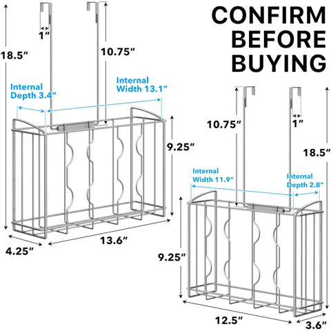 Diagram of Two Pack Over The Cabinet Door Organizer Holder Set With Wall Mount Basket And Over The Door Shelf, dimensions shown.