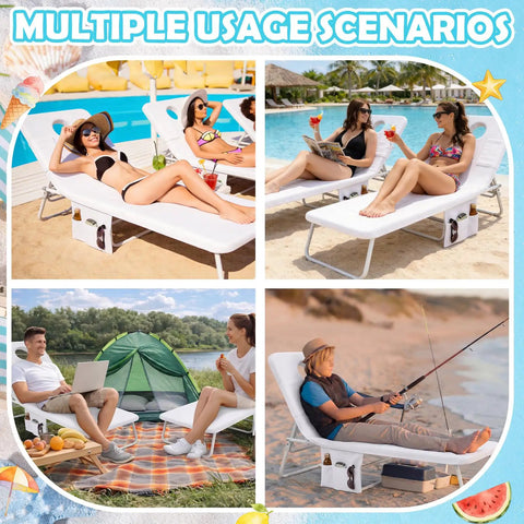 Collage of Large Tanning Chair Towel With Face Hole And Pocket in various outdoor settings, chairs not included