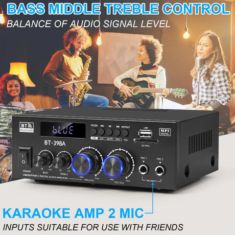 Two Channel 450W Bluetooth 5 Point 0 Home Audio Amplifier Receiver with FM Radio USB SD inputs, in a living room setting.