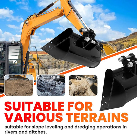 Flat Backhoe Bucket For Mini Excavators 19.7 Inch Steel Attachment For Digging Loading And Cleaning Sand And Soil Easy To Install Beefed Up Heavy Duty Durable Worksite Ready For Everyday Tasks shown on excavator outdoors.