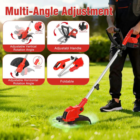 Two In One Cordless Weed Wacker And Lawn Edger With 12 Inch Cut, multi-angle adjustment, red handle, person holding tool