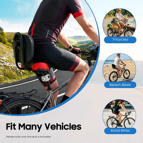 Wide Bike Seat With Backrest For Ride Ready Comfort On Trikes And Bicycles, Extra Wide Universal Fit With Adjustable Height, Durable Poly Foam And Steel Construction, Waterproof And Rugged, Ideal Seat Upgrade For Exercise Bikes And Everyday Rides. mounted on bike