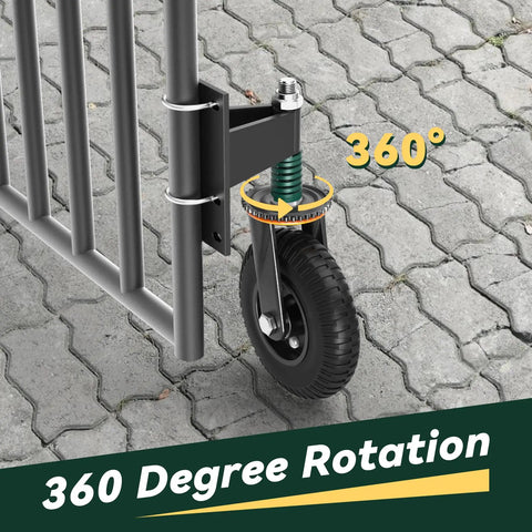 Tough As Nails Eight Inch Gate Wheels With Spring Suspension showing 360 degree rotation with rubber tire against paver stones.