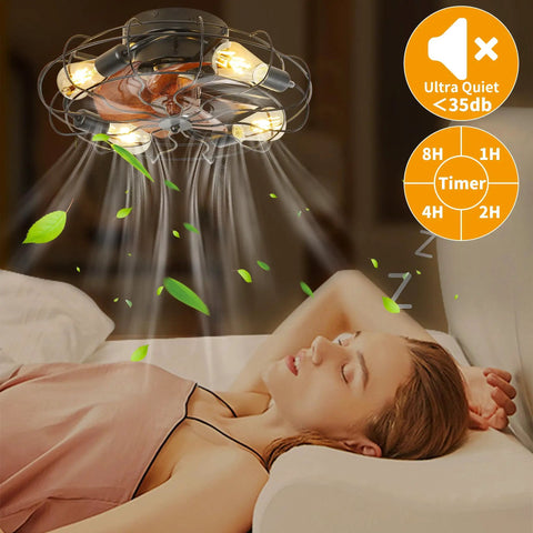 Small Mid Century Caged Ceiling Fan With Lights And Remote 20 Inch Cage Ceiling Fan With Light in use over sleeping woman