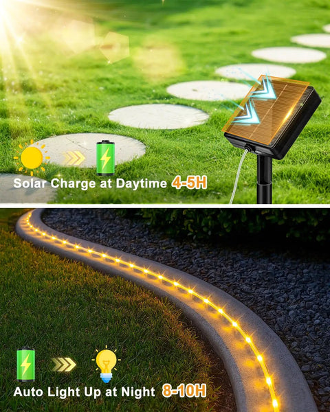 Solar panel and glowing Lit Solar Rope Lights 120LED 46FT Outdoor String Lights Waterproof With 8 Modes in garden