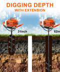 Gas Powered Post Hole Digger Workhorse With 72cc Engine 2 Stroke Auger showing 31 inch and 62 inch digging depths comparison
