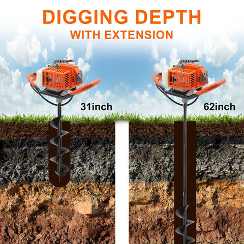 Gas Powered Post Hole Digger Workhorse With 72cc Engine 2 Stroke Auger showing 31 inch and 62 inch digging depths comparison