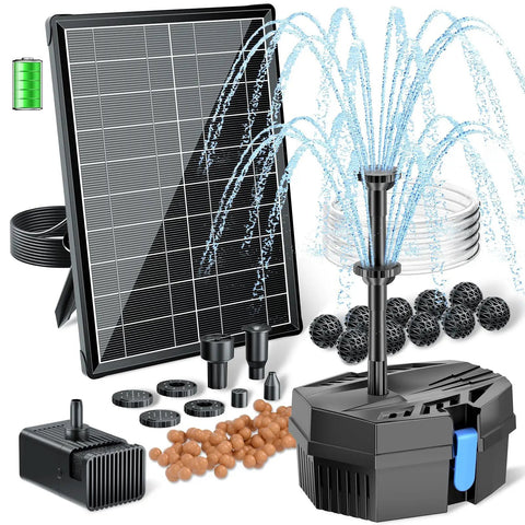Solar Fountain Pump With Built In 3000mAh Battery Backup And 8W Solar Panel Pond Filter Kit for outdoor ponds and bird baths.