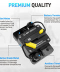 Solid 60 Amp Circuit Breaker For Rig And Marine Setup With Top Shelf IP67 Waterproof Housing shown with terminals and drilled holes.