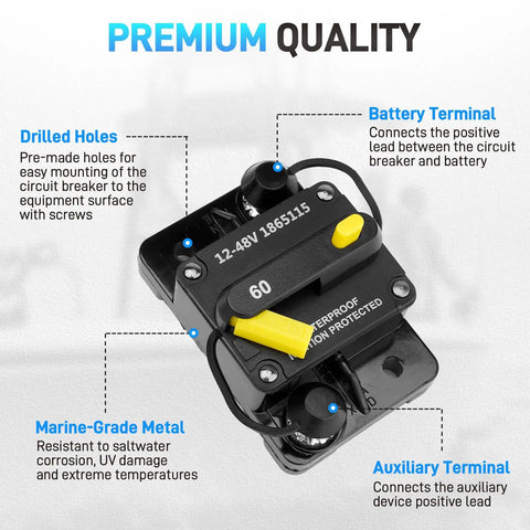 Solid 60 Amp Circuit Breaker For Rig And Marine Setup With Top Shelf IP67 Waterproof Housing shown with terminals and drilled holes.